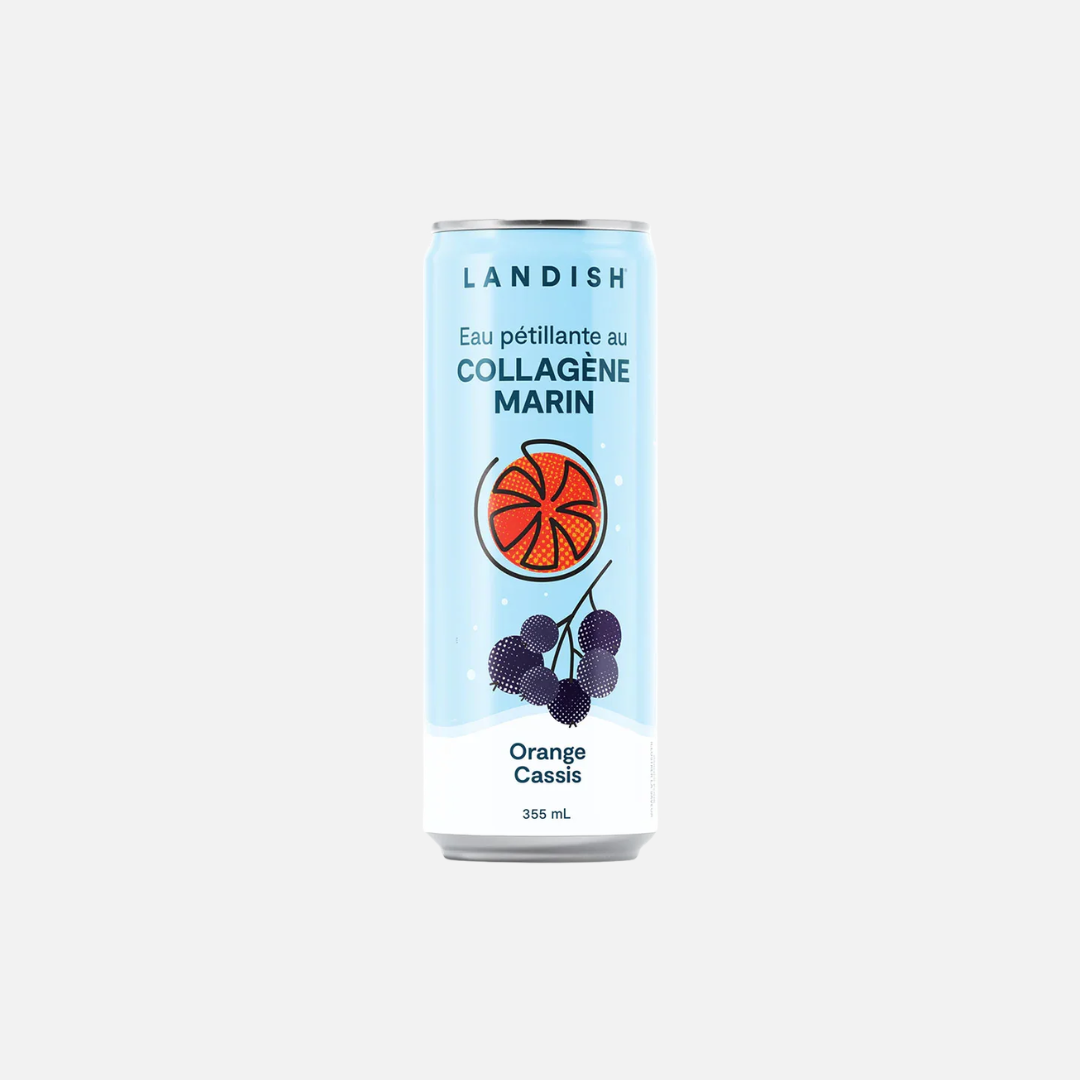 Eau pétillante au collagène marin Landish saveur Orange Cassis, sans sucre, paquet de 6 canettes