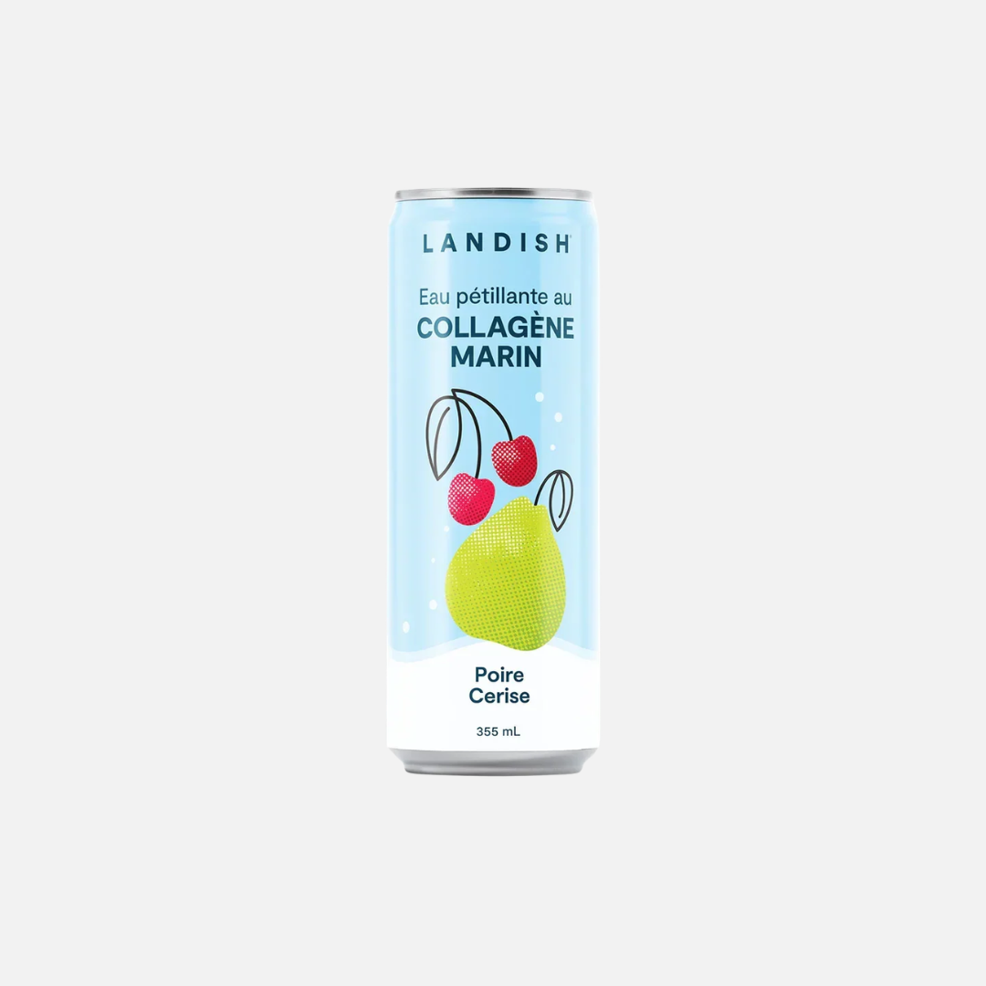 Eau pétillante au collagène marin Landish saveur Poire Cerise, sans sucre, paquet de 6 canettes